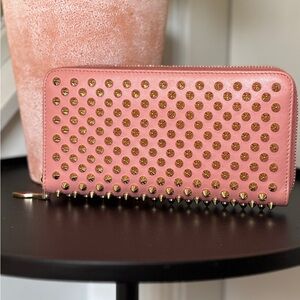 Christian Louboutin Panettone Spikes Zip Around Wallet Pink and Gold.